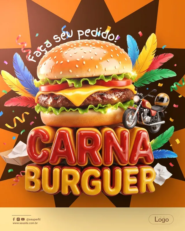 Post Carnaval hamburgueria: Carna Burguer 3D com moto de entrega, penas e estrela marrom (feed)