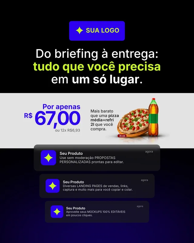 Anúncio de remarketing para infoproduto: preço mais barato que uma pizza com notificações (feed + story)