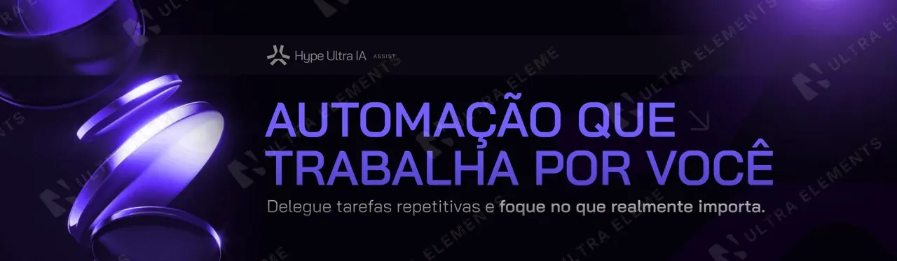 Banner hero SaaS de IA neon: "Automação que trabalha por você" com discos de vidro