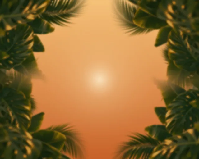 Folhas tropicais desfocadas para moldura em PNG: 4 cantos com luz dourada
