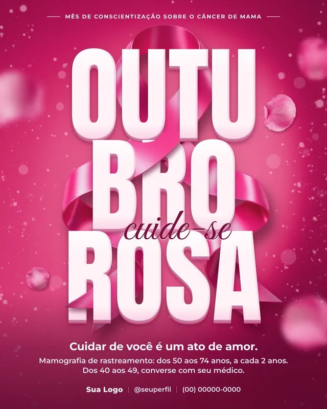 Post Outubro Rosa 3D: laço de cetim atravessando o título OUTU/BRO/ROSA (feed, story e quadrado, claro e escuro)