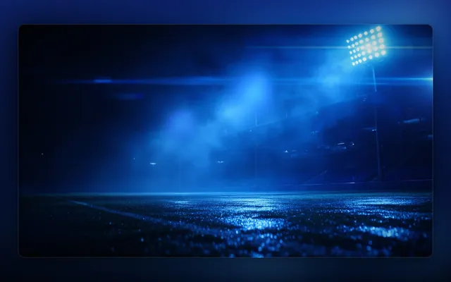 Cenário de estádio de futebol noturno com refletores azuis e névoa (horizontal, vertical e só luzes)