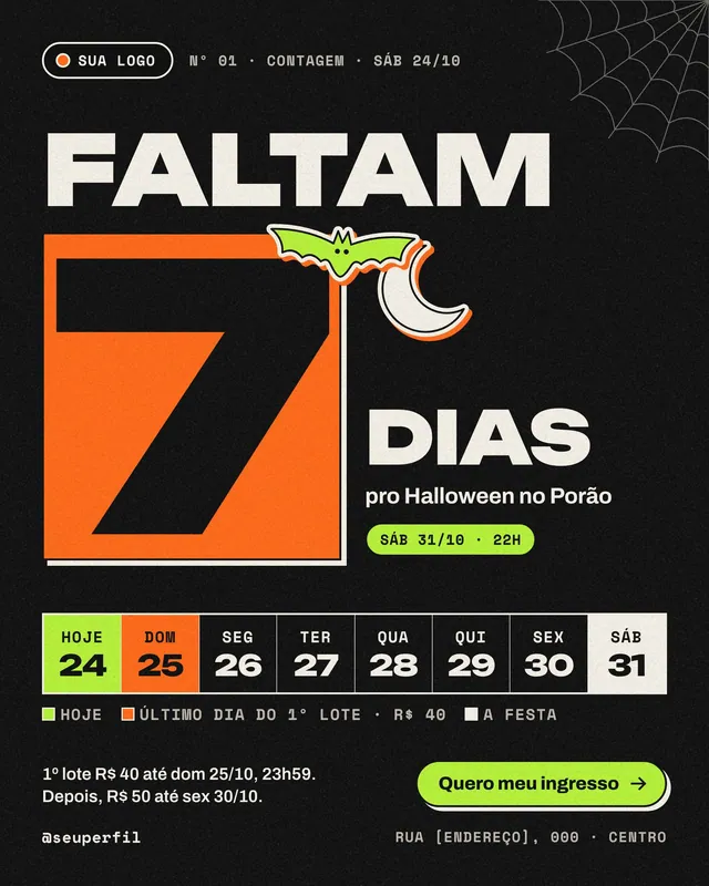 Post Halloween contagem regressiva: faltam 7 dias para a festa, com a semana e a virada de lote (feed)
