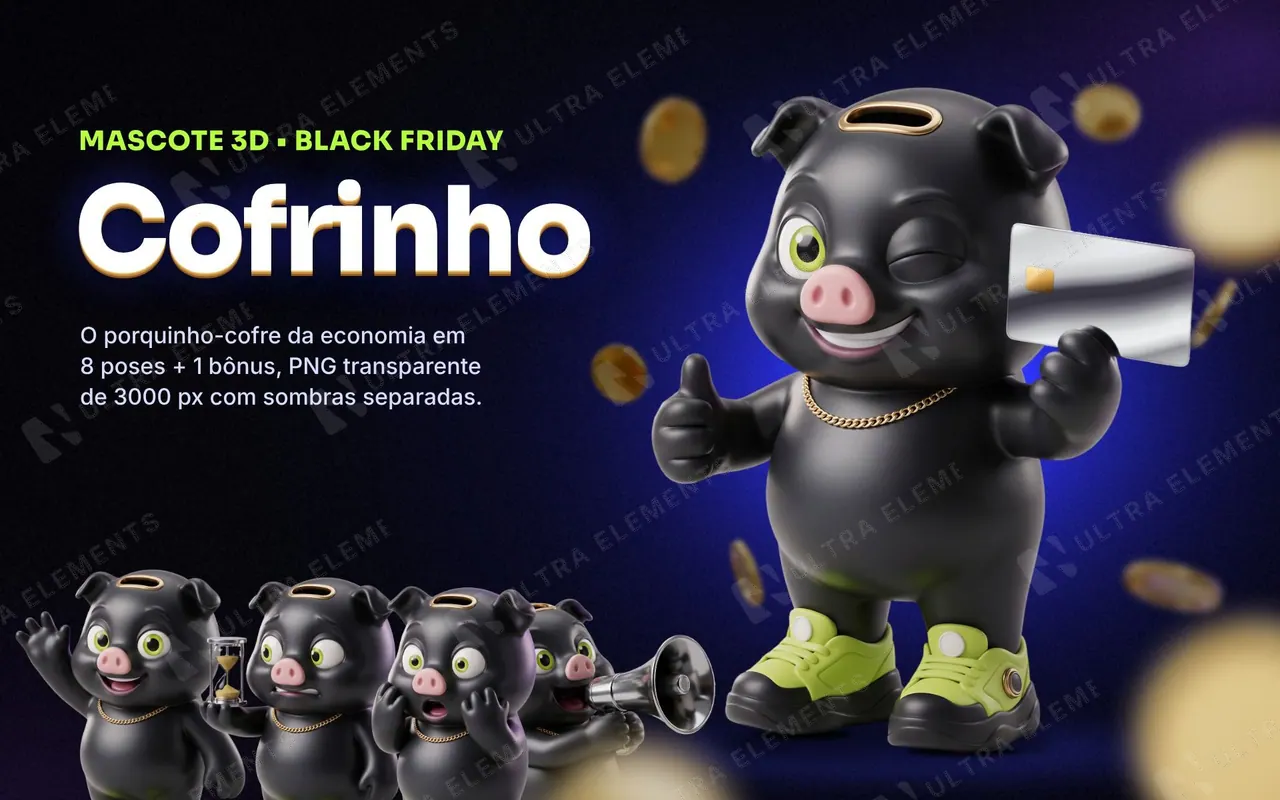 Mascote 3D Cofrinho, porquinho-cofre de Black Friday: 8 poses + bônus em PNG transparente — imagem 1 de 4