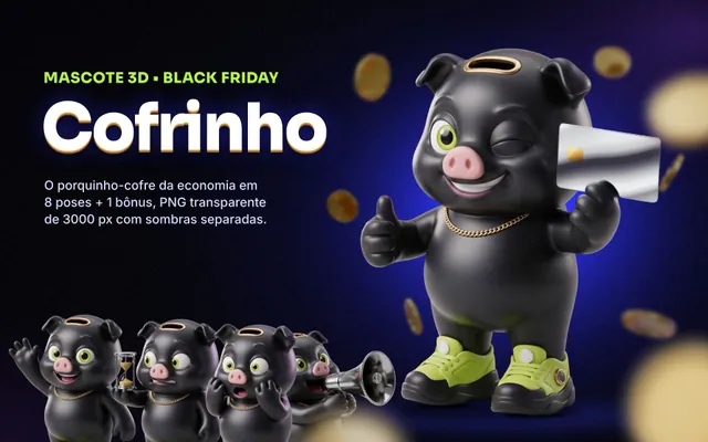 Mascote 3D Cofrinho, porquinho-cofre de Black Friday: 8 poses + bônus em PNG transparente