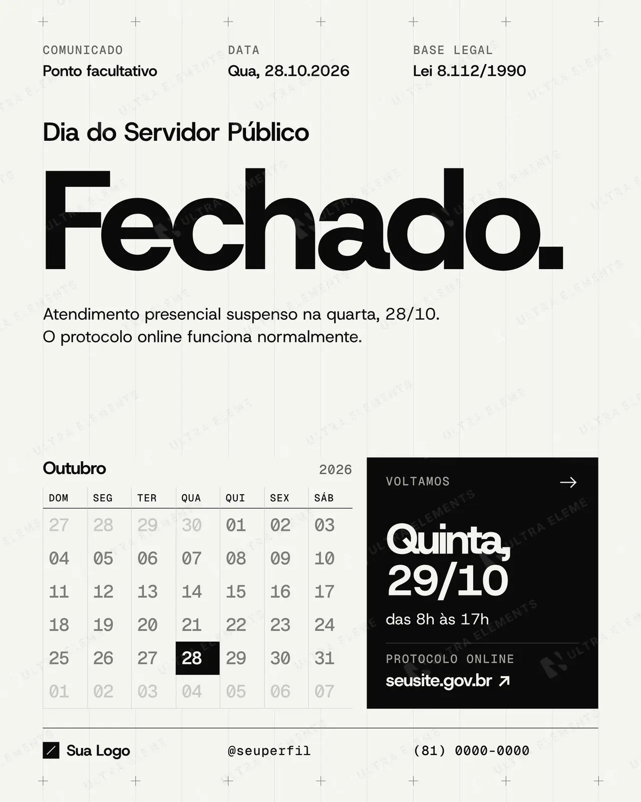 Post e story Comunicado Dia do Servidor Público 28/10: atendimento suspenso e protocolo online — imagem 1 de 5