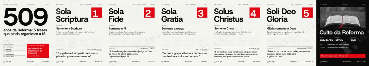 Carrossel Reforma Protestante 509 anos: As 5 Solas com versículo e convite (7 slides) — imagem 1 de 10