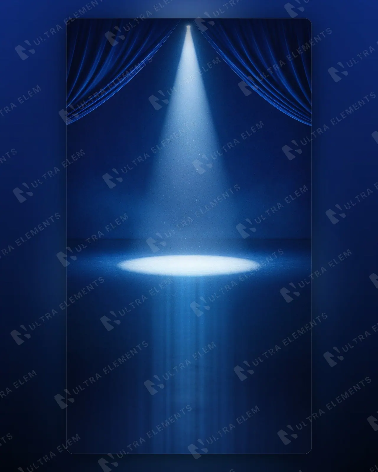 Fundo de palco de teatro azul-marinho com cortinas, holofote e piso espelhado (feed e story) — imagem 1 de 3