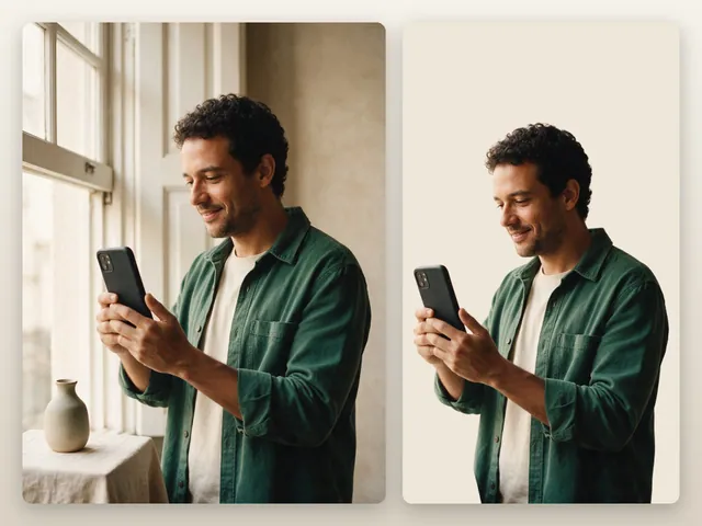 Professor de cabelo cacheado sorrindo com celular na luz da janela: foto IA + PNG recortado