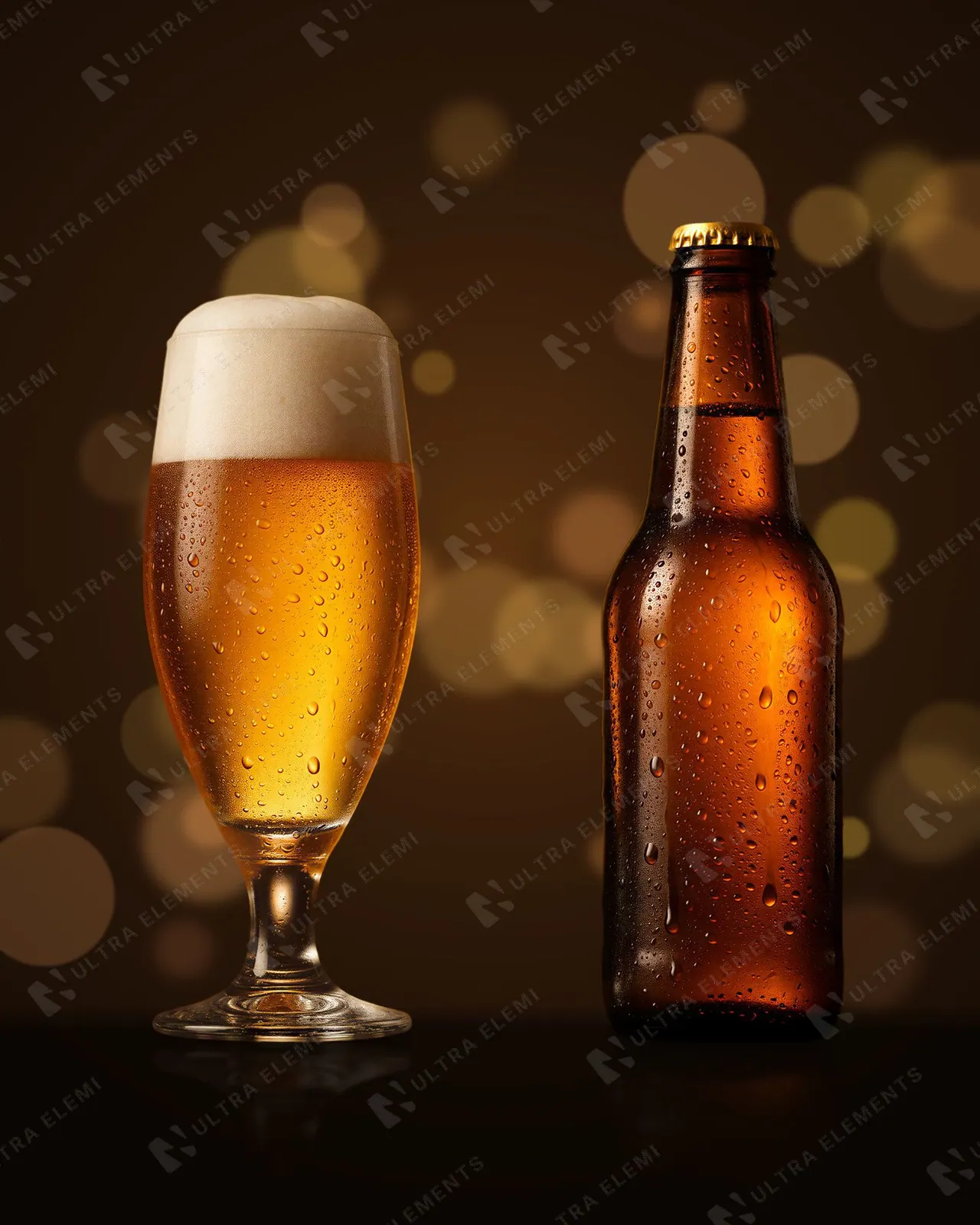 Tulipa de chopp e long neck âmbar geladas, sem rótulo, recortadas em PNG — imagem 1 de 2
